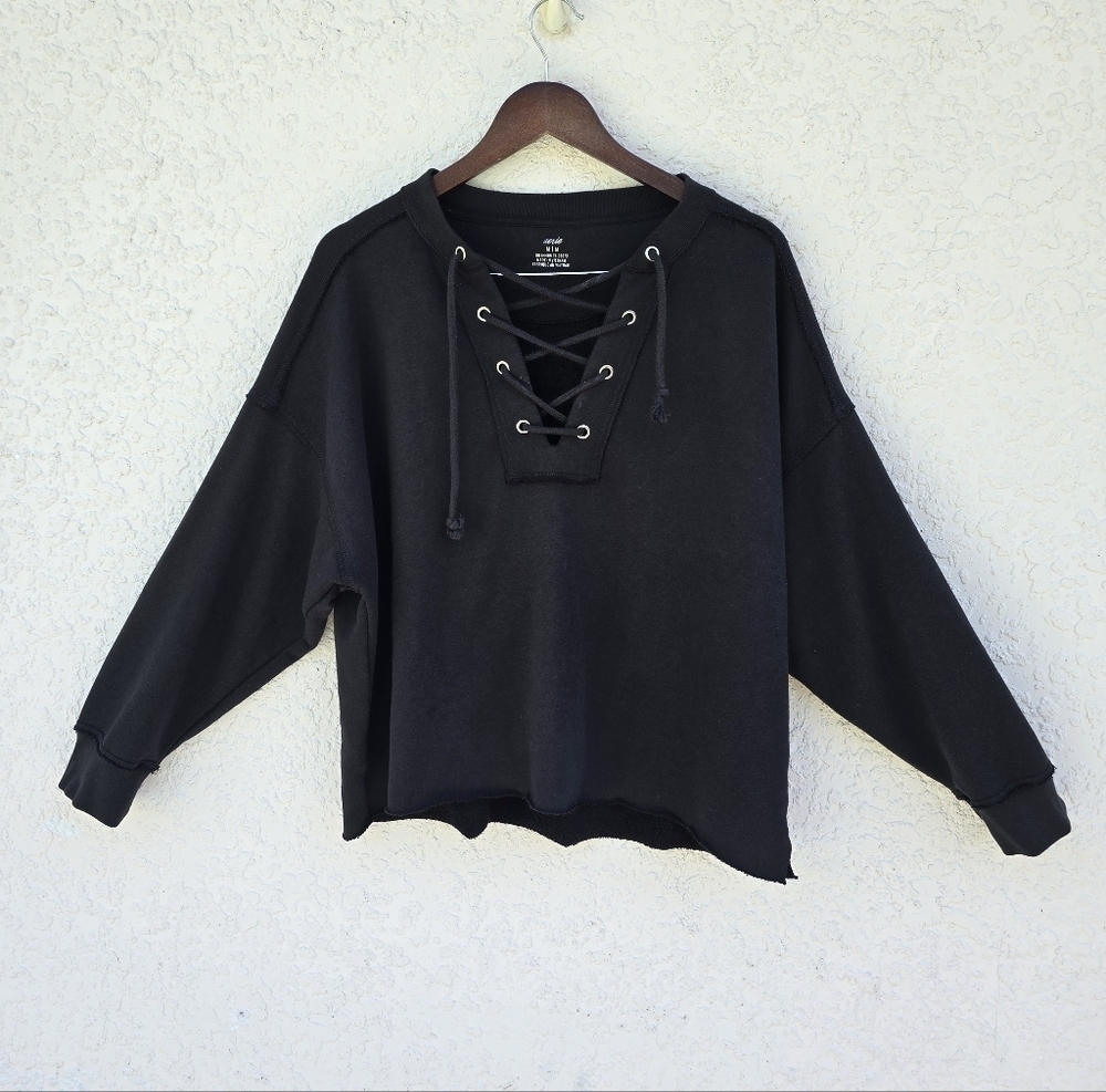 Aerie Black Lace-Up V-Neck Sweater Pullover